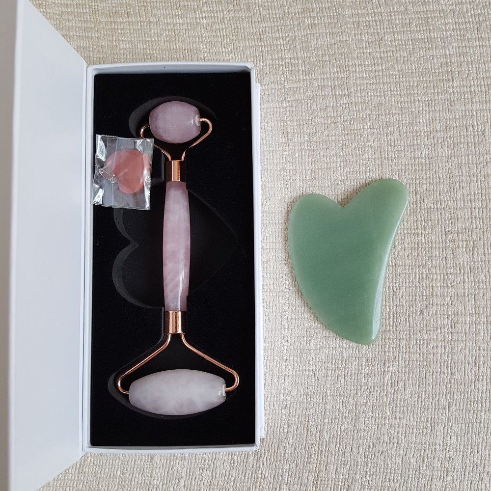 Rose quartz stone facial rollers + Gua Sha